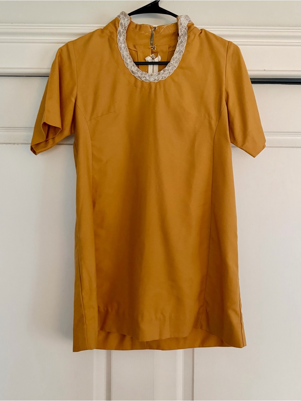 Vintage Mustard Short Sleeve Tunic Top with Beaded Neckline